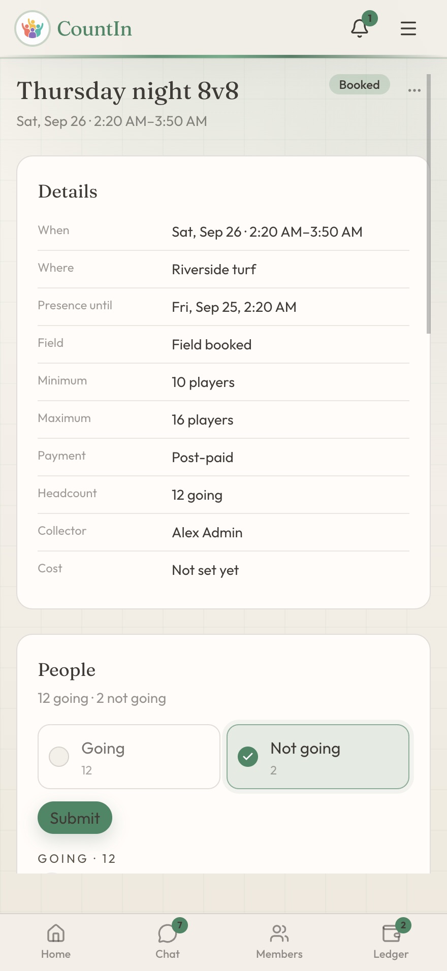 Thursday night 8v8 in CountIn: presence vote with Going and Not going, 12 going and 2 not going